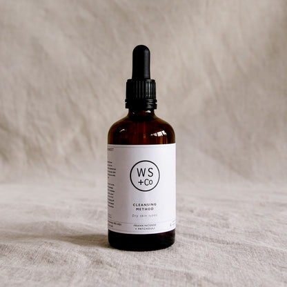 Bottle with dropper labeled 'WS+Co' Dry Skin